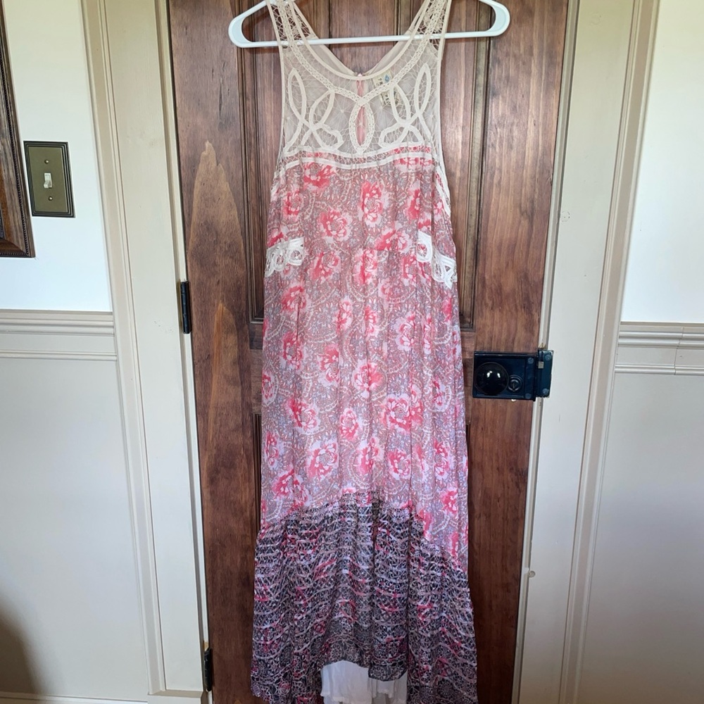 Free People Midi Dress Size 12  Hi Low Embroidery Lined Orange/Pink Floral